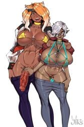 1futa 1girls animal_ears areolae big_penis breasts catgirl clothed clothing colette_belrose dark-skinned_female dark-skinned_futanari dark_skin duo elezen elf elf_female erection female final_fantasy final_fantasy_xiv fingering futa_focus futa_on_female futanari handjob huge_breasts humanoid humanoid_penis jirs kemonomimi long_hair mostly_nude nipples partially_clothed partially_retracted_foreskin penis short_hair standing taiga_(jirs) tiger_girl uncut veiny_penis white_hair