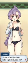 1girls actual_line anabel_(pokemon) anabel_(pokemon_sm) belly black_bra black_panties blush bra butt_from_the_front earring english_text exposed_legs exposed_midriff eye_contact female female_only game_ui hair_ribbon hips human imminent_sex lavender_eyes lavender_hair lingerie looking_at_viewer monorus motel_room navel offscreen_character panties pokemon pokemon_sm ponytail relaxed_expression shirt shirt_open small_breasts solo text text_bubble thigh_gap thighs underwear undressing