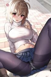 1girls anger_vein antenna_hair arcueid_brunestud arm_up bad_id bad_twitter_id black_nails black_pantyhose blonde_hair blue_skirt blurry blurry_background blush breasts brown_footwear cameltoe commentary eyes_visible_through_hair facial_mark female hair_intakes highres large_breasts long_sleeves looking_at_viewer midriff nail_polish nasuverse open_mouth outdoors panties panties_under_pantyhose pantyhose pantyshot pleated_skirt red_eyes short_hair sitting skirt solo spread_legs stockings suou-sensei sweater teeth thighs tsukihime turtleneck type-moon underwear upper_teeth_only whisker_markings white_panties white_sweater