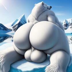 ai_generated anthro ass ass balls ballsack bear bear_ears bear_tail big_ass big_butt black_nose bubble_ass bubble_butt fat_ass kneeling lake male male_only mountain polar_bear snow solo solo_focus solo_male tagme thick_thighs thighs white_fur