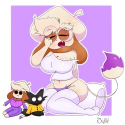 anthro artist_signature brown_body brown_fur canine digital_media_(artwork) female furry glasses kiut_arts legwear nintendo oc original_character panties plushie pokémon_(species) pokemon purple_background shirt smeargle source_request stockings tagme tan_body tan_fur white_background yawn