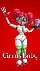 1girls 3d 3d_(artwork) 4_fingers animatronic baby_(fnafsl) belly_button breasts circus_baby circus_baby_(fnaf) female female_only five_nights_at_freddy's five_nights_at_freddy's:_sister_location fnaf freckles freckles_on_breasts freckles_on_face green_eyes heart-shaped_pupils hourglass_figure lipstick looking_at_viewer nude nude_female plate red_background red_hair robot_girl roller_skates sister_location so87baby source_request striped_legwear summer_of_87_baby tagme tagme_(artist) twintails wink