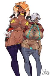 animal_ears bikini bikini_top blue_eyes cat_ears catgirl choker colette_belrose elezen elf elf_ears eyepatch final_fantasy final_fantasy_xiv gradient_hair grey_hair jeans jirs large_breasts muscles pointy_ears pulling_down_pants red_eyes scar sunglasses taiga_(jirs) tongue_out yellow_hair