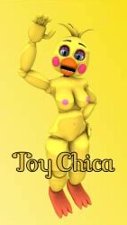 1girls 3d animatronic beak blue_eyes breasts chicken chicken_girl female female_only five_nights_at_freddy's fnaf hand_on_hip looking_at_viewer naked nude nude_female orange_feet orange_toes pink_cheeks pink_nipples pussy solo source_filmmaker toy_chica_(fnaf) waving yellow_background yellow_body yellow_hair yellow_text