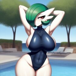 ai_generated arms_behind_head big_breasts breasts female frosting.ai gardevoir ocean one-piece_swimsuit pokemon pokemon_(species) pool smiling thick_thighs trees