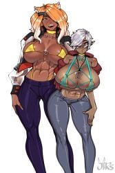 2girls abs animal_ears areola_slip big_breasts bikini bikini_top blue_eyes cat_ears catgirl choker colette_belrose dark-skinned_female dark_skin elezen elf elf_ears eyepatch female female_only final_fantasy final_fantasy_xiv gradient_hair green_eyes grey_hair hair_over_one_eye jeans jirs large_breasts muscles orange_hair pointy_ears red_eyes scar scar_on_face sunglasses taiga_(jirs) tongue_out two_tone_hair white_hair yellow_hair