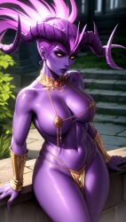 ai_generated bikini breasts cleavage demon desire_demon dragon_age dragon_age_origins female_only horns large_breasts navel purple_hair purple_skin solo yellow_eyes