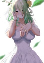 1girls branch_horns breasts ceres_fauna cleavage female green_hair hi_res hololive hololive_english hololive_english_-council- hololive_english_-promise- horns huge_breasts long_hair redi_(rasec_asdjh) smile virtual_youtuber wedding_dress wedding_ring