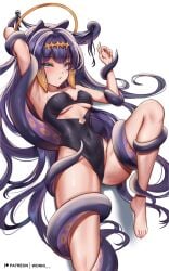 1girls armpits blue_eyes breasts covered_nipples highleg hololive hololive_english hololive_myth long_hair lying medium_breasts multicolored_hair ninomae_ina'nis on_back open_mouth orange_hair purple_hair solo tentacle_hair thighs virtual_youtuber white_background wonnikon