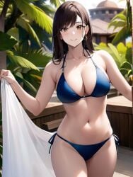 1girls ai_generated ai_mirror balcony belly_button blue_bra blue_panties blue_underwear blush brown_eyes brown_hair building earrings long_hair looking_at_viewer medium_breasts palm_tree towel white_skin wooden_fence wooden_floor