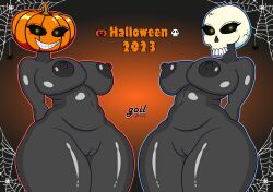 2girls big_breasts big_nipples breasts female female_only girl girly goil_drawing halloween halloween_2023 halloween_costume halloween_pumpkin halloween_theme multiple_girls pumpkin pumpkin_head pussy pussy_lips skull women