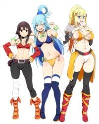 3girls abdomen abs alternate_costume aqua_(konosuba) bandaged_leg bandages bare_shoulders belt black_hair black_legwear blonde_hair blue_eyes blue_hair blush braid breasts brown_hair darkness_(konosuba) female female_only hair_between_eyes hair_ornament hair_rings highres kono_subarashii_sekai_ni_shukufuku_wo! large_breasts long_hair looking_at_another looking_at_viewer medium_breasts megumin multiple_girls muscular muscular_female navel one_eye_closed open_mouth ponytail pout red_eyes ribbon sbel02 short_hair short_hair_with_long_locks simple_background small_breasts smile thighhighs toned toned_female very_long_hair white_background x_hair_ornament