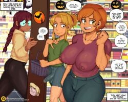 1futa 2023 2girls big_breasts blonde_hair bodypaint breasts brown_eyes cassia_(mrbooshmaster) clothed_female_nude_futanari clothing dialogue english_dialogue english_text erect_nipples erect_penis erection exhibitionism fred_jones futa green_eyes grocery_store hair_bun holly_(mrbooshmaster) human intersex maple_(mrbooshmaster) mrbooshmaster orange_hair painted_clothes pale_skin penis public scooby-doo semi-erect shopping_basket small_breasts speech_bubble tagme wide_hips