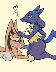 alekoin anthro ass balls big_butt black_body black_fur blue_body blue_fur blush blush_lines bodily_fluids breasts brown_body brown_fur canid canine duo female fur generation_4_pokemon genitals hand_on_butt happy heart lagomorph lopunny lucario male male/female mammal nintendo oral orgasm penis pokemon pokemon_(species) saliva saliva_on_penis saliva_string sweat sweatdrop thick_thighs tongue tongue_out