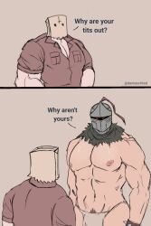 bag bag_over_head bara bulge duncan_(schlindwein) helmet leszek_(schlindwein) male male_only muscles muscular no_visible_genitalia paper_bag schlindwein shirt shirtless