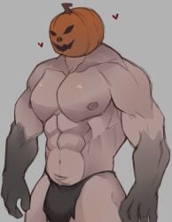 1boy 2023 balls bara bara_tits barazoku bulge creature gay halloween hi_res highres holidays jack-o'-lantern jack_o'_lantern male male_focus male_nipples male_only manly muscular_male nipples no_visible_genitalia penis pumpkin pumpkin_head pumpkin_head_(character) solo solo_male yaoi