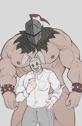 bara chester_(schlindwein) duncan_(schlindwein) fully_clothed height_difference helmet male male_only mask muscles muscular no_visible_genitalia schlindwein shirtless size_difference