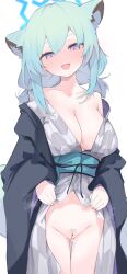 :d animal_ears ass_visible_through_thighs bar_censor blue_archive blue_halo breasts censored cleavage female green_hair halo highres japanese_clothes kimono large_breasts looking_at_viewer mikozin official_alternate_costume puffy purple_eyes red_winter_federal_academy_student shigure_(blue_archive) shigure_(hot_spring)_(blue_archive) short_hair simple_background smile solo spec_ops_no._227_(blue_archive) white_background