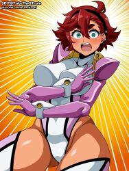 anna_aoi anna_aoi_(cosplay) aoi_anna aoi_anna_(cosplay) big_breasts blush cosplay crossover crossover_cosplay embarrassed gundam gundam_suisei_no_majo leotard mouth_open pilot_suit red_hair shinkon_gattai_godannar!! suletta_mercury tagme thick_thighs thighhighs