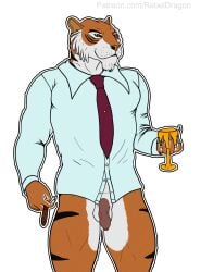 anthro balls bengal_tiger beverage bottomless bottomless_male cigar claws clothed clothing container cup disney felid feline flaccid foreskin genitals hi_res male male_only mammal necktie pantherine partially_clothed penis rebeldragon101 shere_khan smoking smoking_cigar soft_penis solo stripes talespin thick_thighs tiger uncircumcised