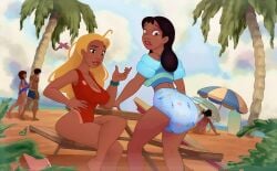 1boy 4girls bewitched_(artist) dark-skinned_female dark_skin diaper disney female lifeguard_(lilo_and_stitch) lilo_and_stitch nani_pelekai outdoors tagme water_wings