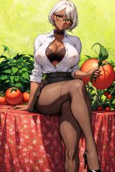 2busty2hide absurd_res absurdres ai_generated black_bra black_choker blouse blush bra bursting_breasts bursting_out_of_clothing busty buttons buttons_popping choker crossed_legs dark_skin dark_skinned_female erect_nipples erect_nipples_under_clothes glasses green_eyes gundam gundam_suisei_no_majo hd hi_res high_heels high_resolution highres hylian_r34 lace-trimmed_bra lace_bra looking_at_viewer nipples_visible_through_clothing office_lady open_blouse pantyhose secelia_dote self_upload short_hair silver_hair sitting skirt slim_waist smirk smirking smirking_at_viewer smug smug_face smug_grin smug_smile tagme thick_thighs thin_waist tomato too_busty_to_hide unstable_diffusion white_blouse white_hair wide_hips