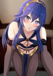 1girls all_fours alternate_costume bare_midriff bedroom_eyes bent_over blue_eyes blue_hair blush breasts cosplay dancer dorothea_arnault_(cosplay) dorothea_arnault_(plegian)_(cosplay) female female_only fire_emblem fire_emblem_awakening fire_emblem_heroes hair_between_eyes indoors long_hair looking_at_viewer lucina_(fire_emblem) midriff nintendo open_mouth pantyhose pelvic_curtain plegian reaching_out reaching_towards_viewer small_breasts solo symbol-shaped_pupils tara_(szzj7733) tiara very_long_hair