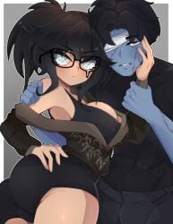 1boy 1girls abs ass black_hair blue_eyes breasts commission dating glasses medium_breasts roblox rodrigo_(gigo) self_upload standing tagme taliah thick toxphobia zombie