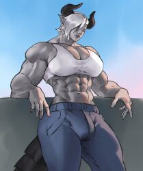 1futa big_breasts breasts bulge bulge_through_clothing clothed clothing flaccid fully_clothed futa_only futanari humanoid mihaildava muscular muscular_female muscular_futanari short_hair solo standing tara_lots white_hair