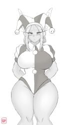 1girls big_breasts big_thighs black_and_white blush brown_hair bunny_ears cosplay crossover ettso female gloves gooseworx huge_breasts jester_costume jester_hat jester_outfit looking_at_viewer miruko my_hero_academia pomni_(cosplay) the_amazing_digital_circus thick_thighs wide_hips