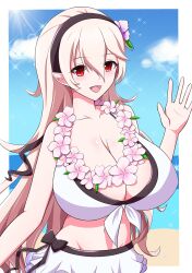 1girls :d alternate_costume bangs beach bikini cleavage cloud collarbone corrin_(female)_(summer)_(fire_emblem) corrin_(fire_emblem) corrin_(fire_emblem)_(female) eyebrows_visible_through_hair female female_only fire_emblem fire_emblem_fates fire_emblem_heroes flower front-tie_bikini hair_flower hairband huge_breasts light-skinned_female light_skin light_xion looking_at_viewer nintendo official_alternate_costume open_mouth outdoors pink_hair red_eyes ribbon sand skirt sky smile solo standing straight_hair sun very_long_hair water waving white_bikini white_swimsuit