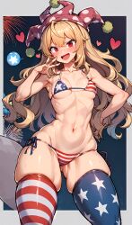 1girls 2d abs ai_generated american_flag_bikini armpit bare_shoulders belly_button bikini blonde_hair blush breasts busty child_bearing_hips clownpiece curvaceous female hand_on_hip happy hat heart hips hourglass_figure legs long_hair looking_at_viewer open_mouth red_eyes sharp_teeth shiny_skin smakiel small_breasts smile source standing thick_legs thick_thighs thighhighs thighs touhou tummy usa_bikini visible_teeth