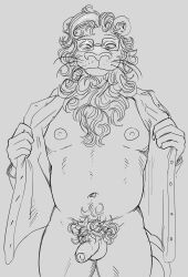 1boy 2020 absurd_res anthro balls beastars black_and_white bottomless clothed clothing eyewear felid flaccid foreskin genitals glasses grey_background hi_res ibuki_(beastars) lion looking_at_viewer male male_only mammal mane monochrome musclegut muscular muscular_anthro muscular_male navel nipples open_clothing open_shirt open_topwear pantherine penis presenting presenting_penis pubic_hair shirt simple_background smagma solo standing topwear uncut whiskers