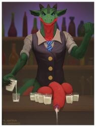 anthro asatrua balls bartender big_balls big_penis blue_eyes bodily_fluids cum cum_in_a_cup dragon foreskin genital_fluids genitals hi_res horn huge_balls huge_cock male penis presenting red_penis reptile rhys_wysios scalie solo