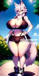 ai_generated artist_name breasts bulge bulge_through_clothing euphamia furry furry_breasts furry_ears furry_female furry_only furry_tail futa_only futanari wolf wolf_girl workout workout_clothes workout_clothing