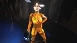 1girls 3d 3d_(artwork) bodysuit chell jumpsuit juxtasuperposition looking_at_viewer portal_(series) portal_2 posing skin_tight solo solo_female solo_focus source_filmmaker