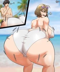 1boy 1girls anis_(nikke) anis_(sparkling_summer)_(nikke) annoyed ass beach big_ass big_breasts bikini bottom_heavy bouncing_ass breasts brown_hair bubble_butt commander_(nikke) fat_ass female female_focus goddess_of_victory:_nikke huge_ass jiggle jiggling_ass large_ass male motion_blur motion_lines normi sunglasses sunglasses_on_head swimsuit thick_ass thick_thighs twerking watching wide_hips