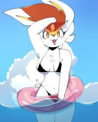 2d :3 anthro breasts cinderace cleavage clothing cute female female_cinderace fur furry furry_only generation_8_pokemon hi_res lagomorph nintendo partially_submerged pokémon_(species) pokemon solo white_fur