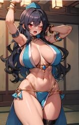 1girls 2d ai_generated arm_up armpit bare_shoulders belly_button big_breasts black_hair breasts busty curvaceous dancer dancer_outfit eye_closed female hand_on_head hips hourglass_figure iizunamaru_megumu long_hair looking_at_viewer nipple_bulge one_eye_closed open_mouth red_eyes shiny_skin shy smakiel source standing thick_hips thick_thighs thighhighs thighs tokin_hat touhou tummy visible_teeth