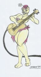 anthro bear_girl big_breasts big_hips cartoon fanart female floral_rugg furry guitar hanna-barbera marlon64 naked_female naked_hat naughty_face rags smile solo the_hillbilly_bears traditional_drawing_(artwork) white_background yellow_body yellow_fur