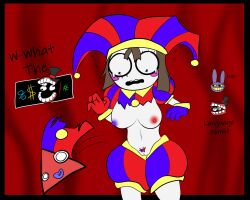 2023 2d 2d_(artwork) 2d_artwork artist_request breasts brown_hair caine_(the_amazing_digital_circus) dialogue embarrassed female glitch_productions gloves gooseworx jax_(the_amazing_digital_circus) jester jester_costume jester_hat jester_outfit looking_down pomni pomni_(the_amazing_digital_circus) pussy short_hair small_breasts smaller_female tagme tearing_clothes the_amazing_digital_circus white_body