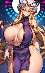 1girls 2d ai_generated bare_shoulders big_breasts blonde_hair blush breasts breasts_bigger_than_head busty curvaceous female hand_behind_back hat hips hourglass_figure long_hair looking_at_viewer mostly_nude nipple_bulge purple_eyes shiny_skin smakiel smile source stanging tabard thick_hips thick_thighs thighs tied_hair touhou tummy yukari_yakumo