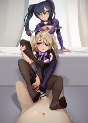 2girls bare_legs barefoot black_hair blonde_hair blush breasts eye_patch feet female fischl_(genshin_impact) foot_fetish foot_focus footjob footjob_with_legwear full_body genshin_impact green_eyes hair_ribbon legwear leotard long_hair mona_(genshin_impact) multiple_girls small_breasts spread_legs stockings tights twintails
