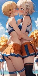 2girls ai_generated bikini_top blonde_hair blue_eyes cheerleader cheerleader_uniform femboy flower_in_hair gay holding_hands kissing orange_skirt original pixai short_hair skirt yaoi