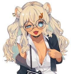 1girls :3 artist_request blonde_hair blue_eyes blush blush_lines breasts cleavage clothed clothing female female_focus female_only glasses hair hair_ornament indie_virtual_youtuber large_breasts long_hair looking_at_viewer neckwear office_clothing office_lady open_mouth orange_skin rat rat_ears rat_girl shrimp shrimplerat simple_background solo source_request tongue virtual_youtuber vtuber