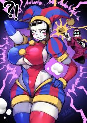 2023 2d 2d_(artwork) 2d_artwork big_breasts big_thighs bimbofication brown_hair caine_(the_amazing_digital_circus) cnmbwjx confused female glitch_productions gloves gooseworx huge_breasts huge_thighs jester jester_costume jester_hat jester_outfit leotard looking_up magic pomni_(the_amazing_digital_circus) post_transformation ryuusei_(mark_ii) short_hair the_amazing_digital_circus thick_thighs thighhighs thighs transformation white_body