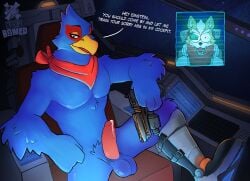 alyxavian anthro avian bird blaster blue_body bodily_fluids boots canid canine clothing cockpit falco_lombardi footwear fox fox_mccloud genital_fluids genitals hi_res male mammal nintendo penis precum scarf star_fox text