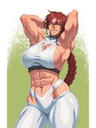 1girls abs arms_behind_head arms_up blue_eyes braided_hair breasts hands_behind_head hi_res large_breasts midriff muscular muscular_female navel original ponytail r62 red_hair sharp_teeth sideboob signature simple_background smile