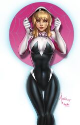 1girls billy_tucci blonde_hair bodysuit breasts clothed clothed_female clothing female female_only front_view fully_clothed gwen_stacy hair hairband hood hood_up human human_only light-skinned_female light_skin looking_at_viewer marvel marvel_comics medium_hair skin_tight slim_waist solo spider-gwen spider-man_(series) standing tight_clothing