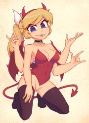 4_arms blep blonde_hair blue_eyes bottomless collarbone demon demon_wings devil_costume devil_horns_sign fangs horn_headband lingerie multi_arm multi_limb nelly pussy spike_tail stockings tongue_out xyroni